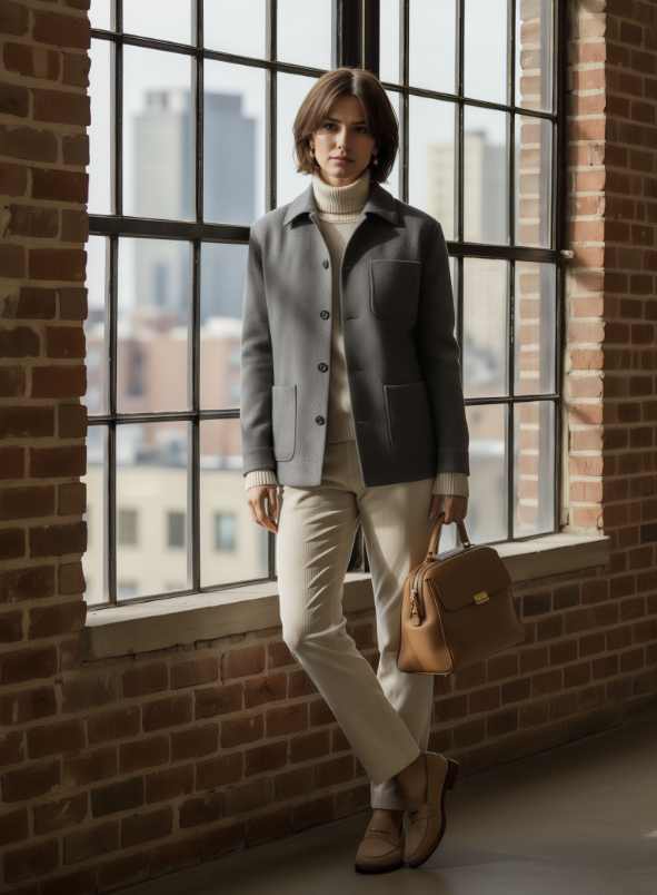 Woman in a gray coat standing by a large window with a cityscape view.