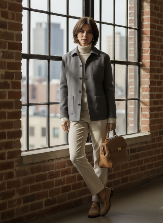 Woman in a gray coat standing by a large window with a cityscape view.