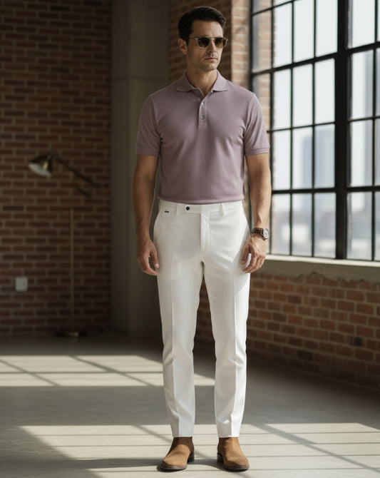 Man wearing a light purple polo shirt and white pants standing in a room with brick walls and large windows.
