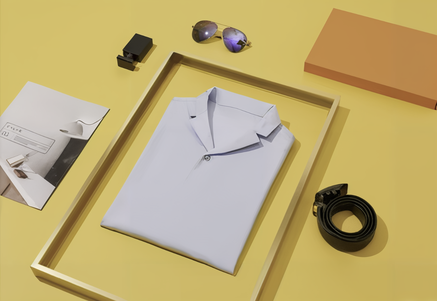 Light Blue shirt with sunglasses, belt, and box on a yellow background