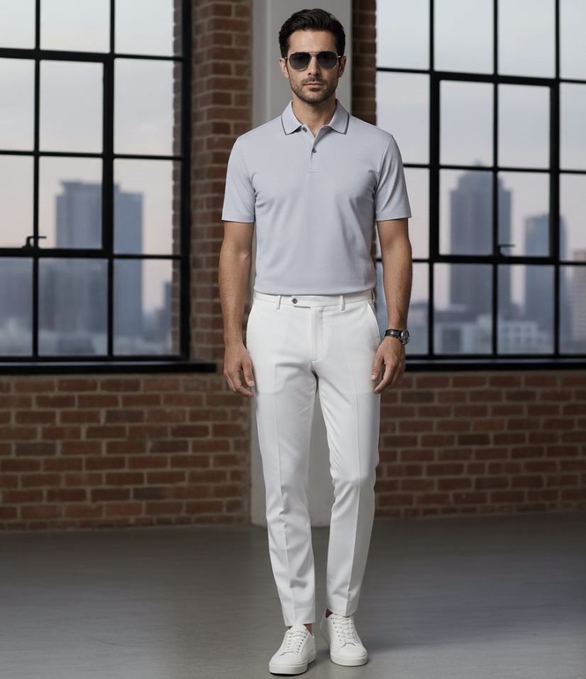 Man wearing a light Blue polo shirt and white pants standing in front of large windows with a cityscape view.