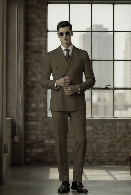 Man wearing a brown suit standing in a room with large windows and brick walls.