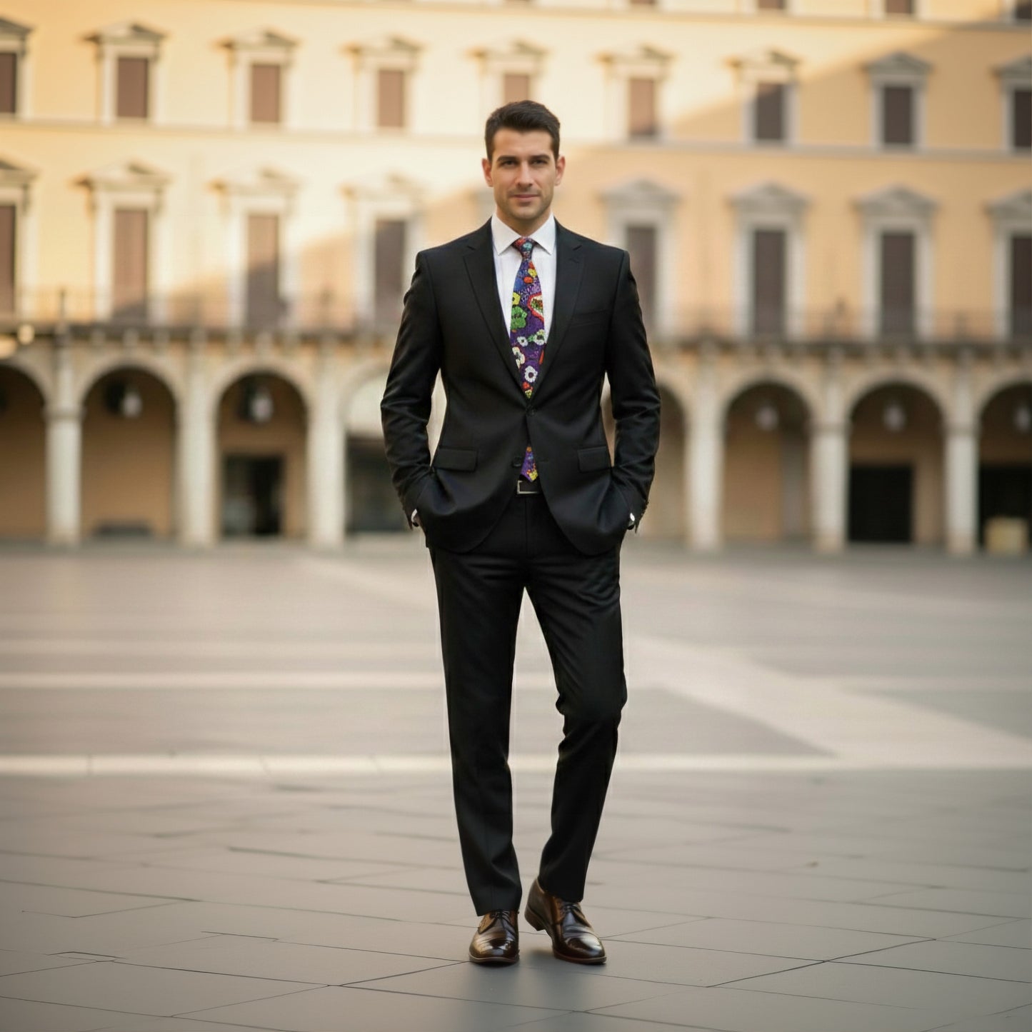 Man in a black suit with a colorful tie standing in front of a building with arches.