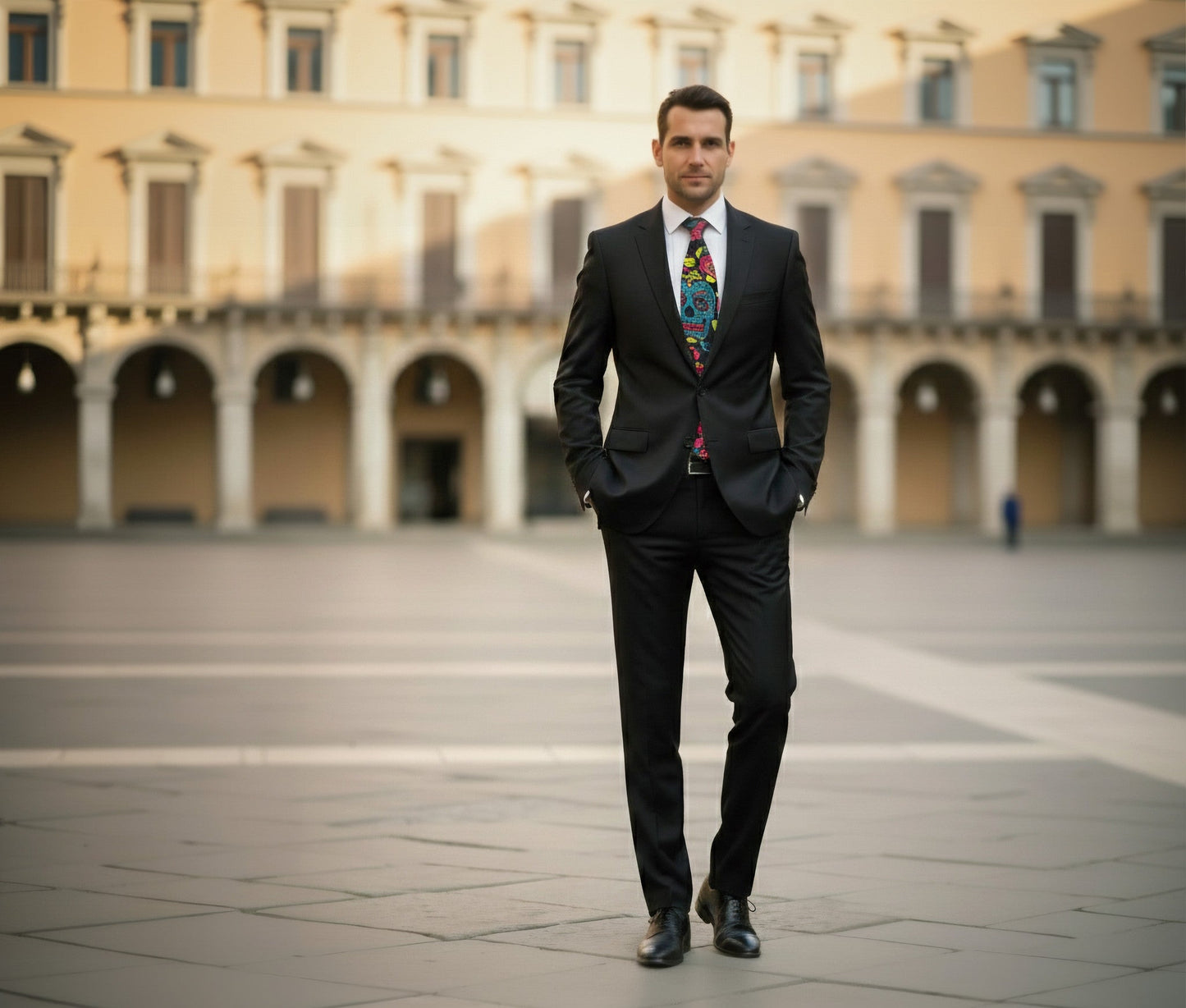 Man in a black suit with a colorful tie standing in front of a large building with arches.