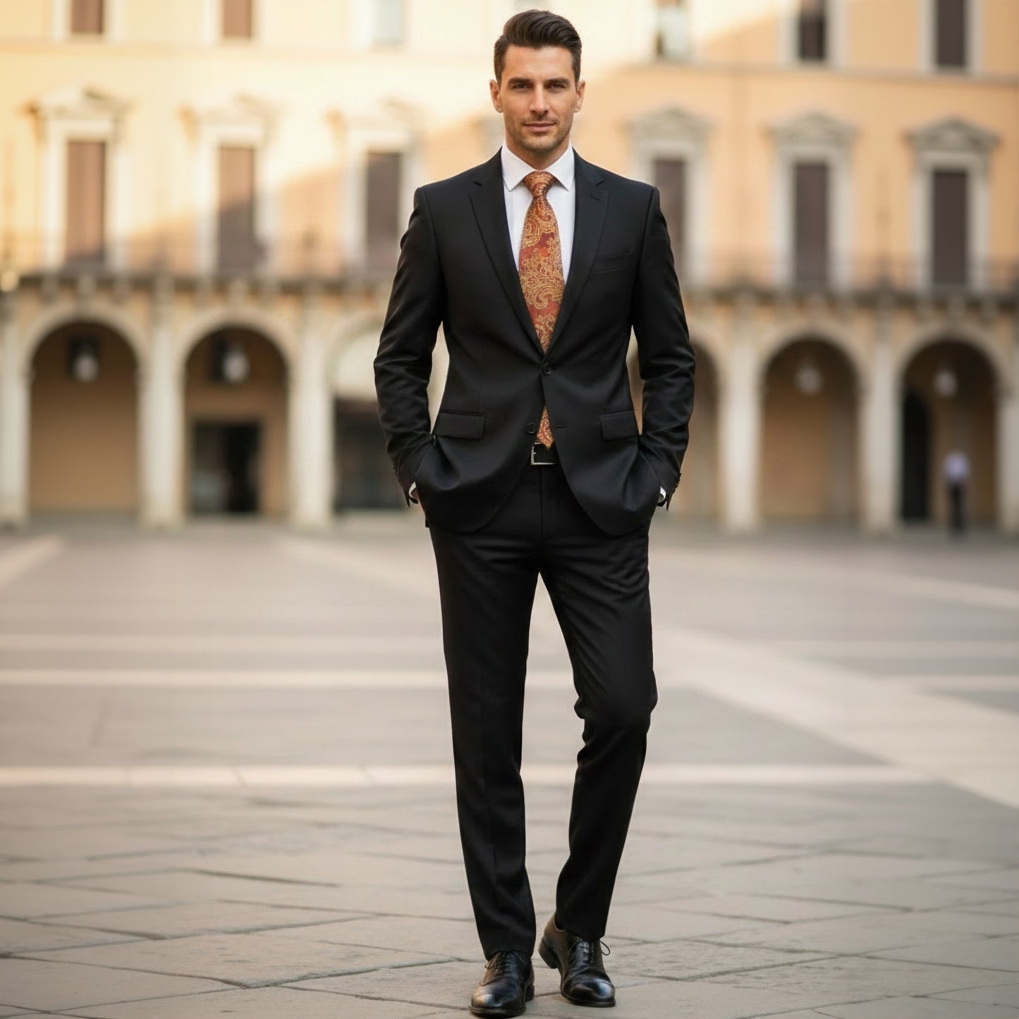 Man in a black suit with a patterned tie standing in an outdoor setting with arches in the background.