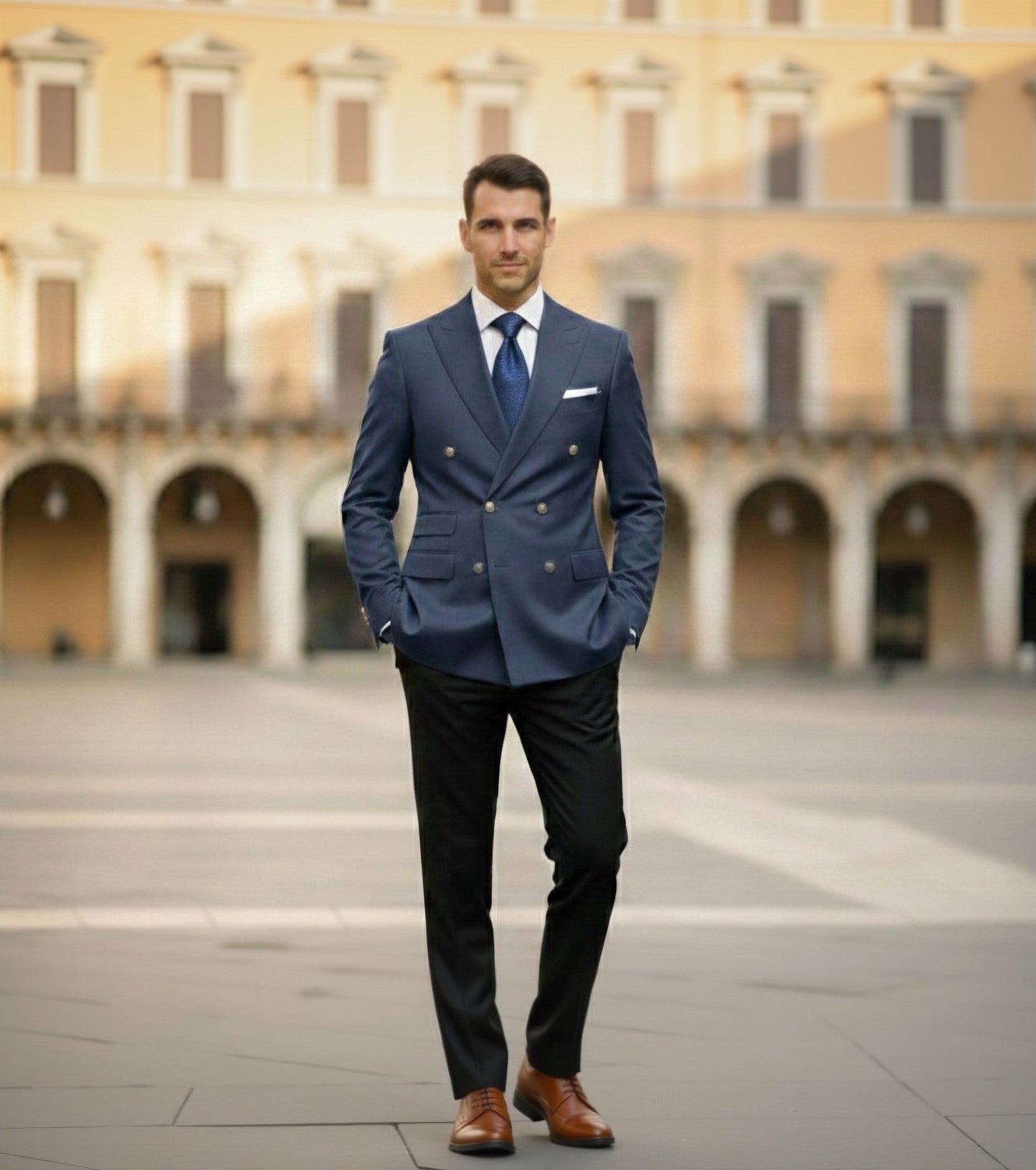 Man in a blue suit standing in front of a historic building
