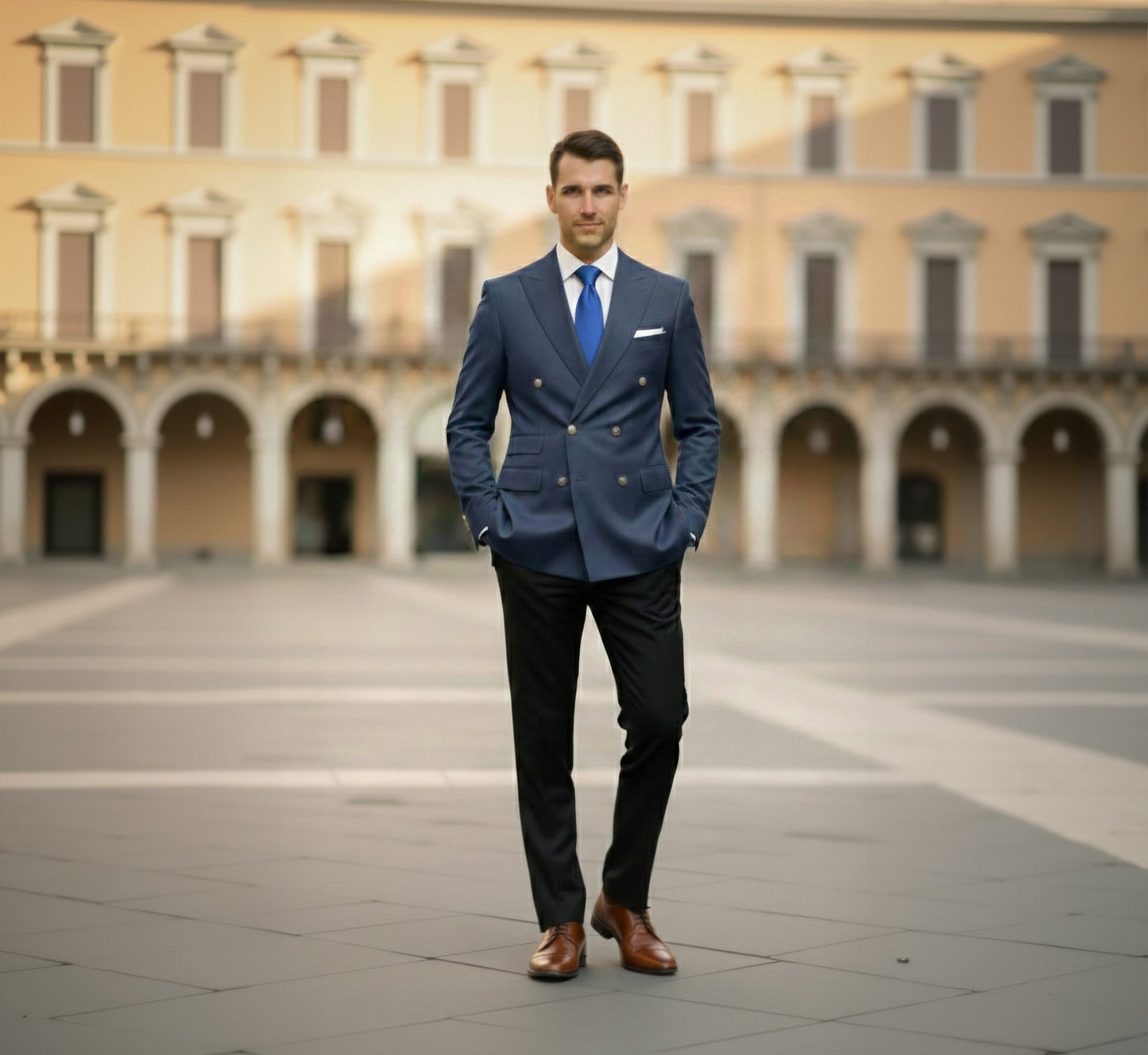 Man in a blue suit standing in front of a historical building