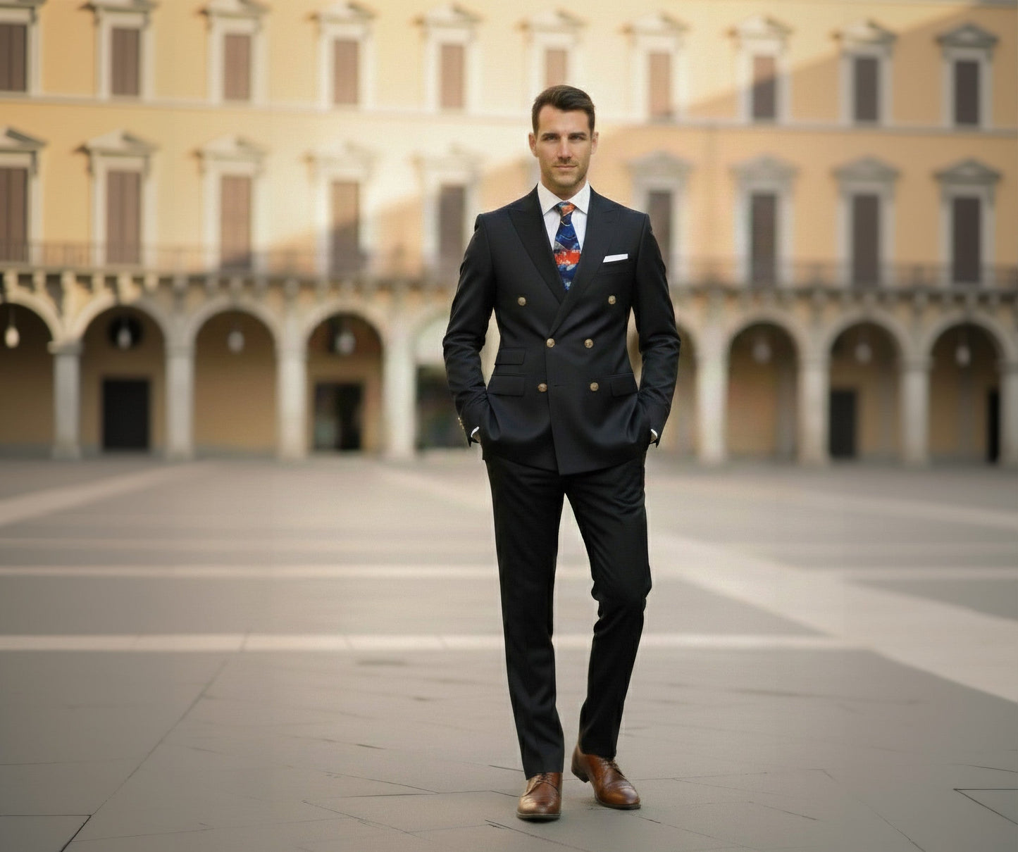 Man in a dark suit standing in an open square with classical architecture.