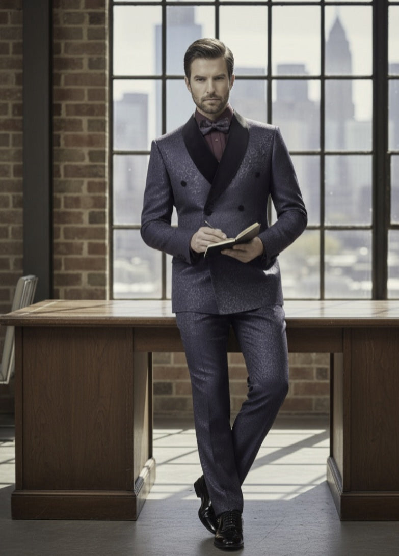 Man in a suit standing in an office with large windows and a cityscape view.