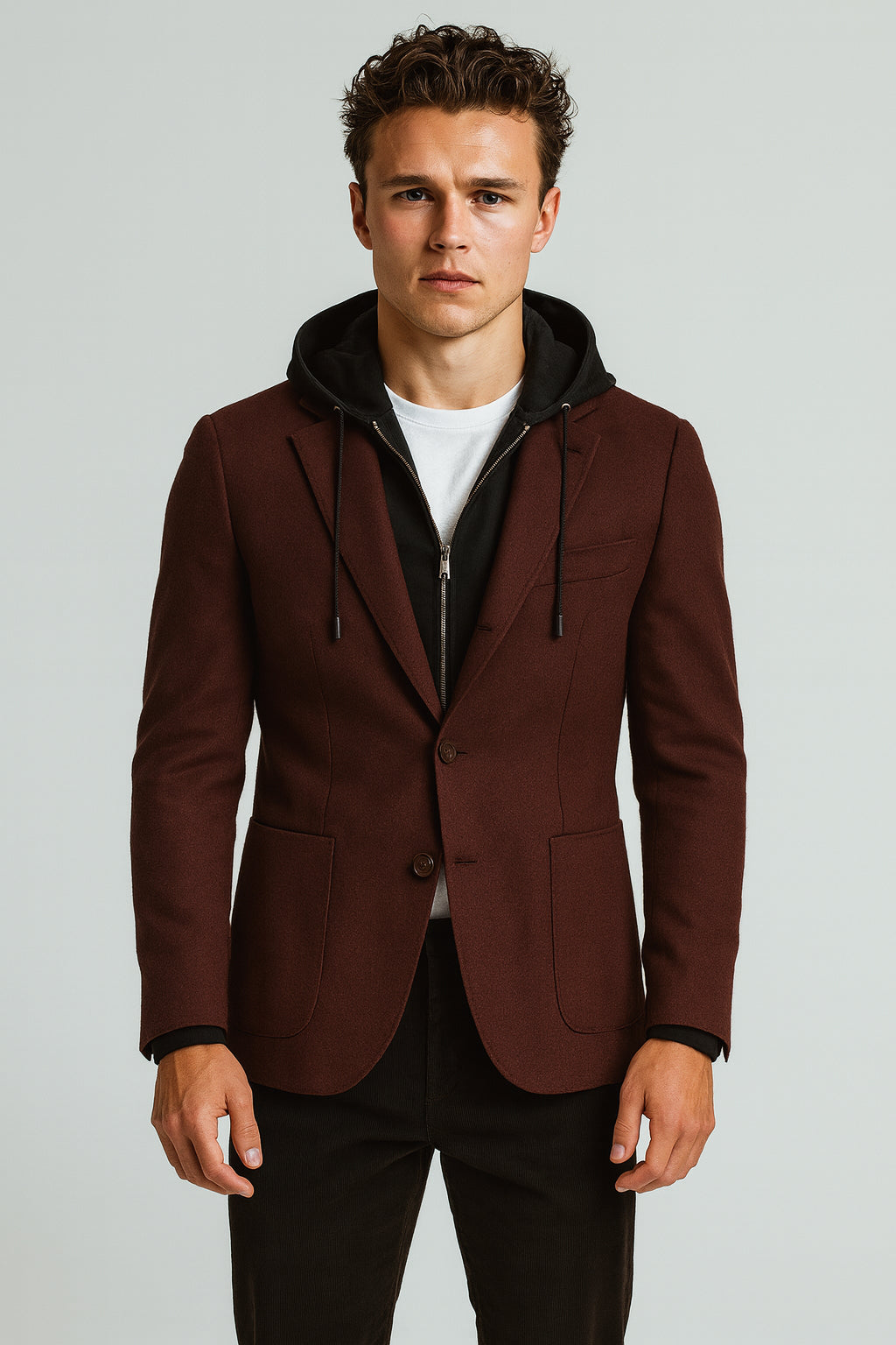 Man wearing a brown blazer with a black hood on a light gray background