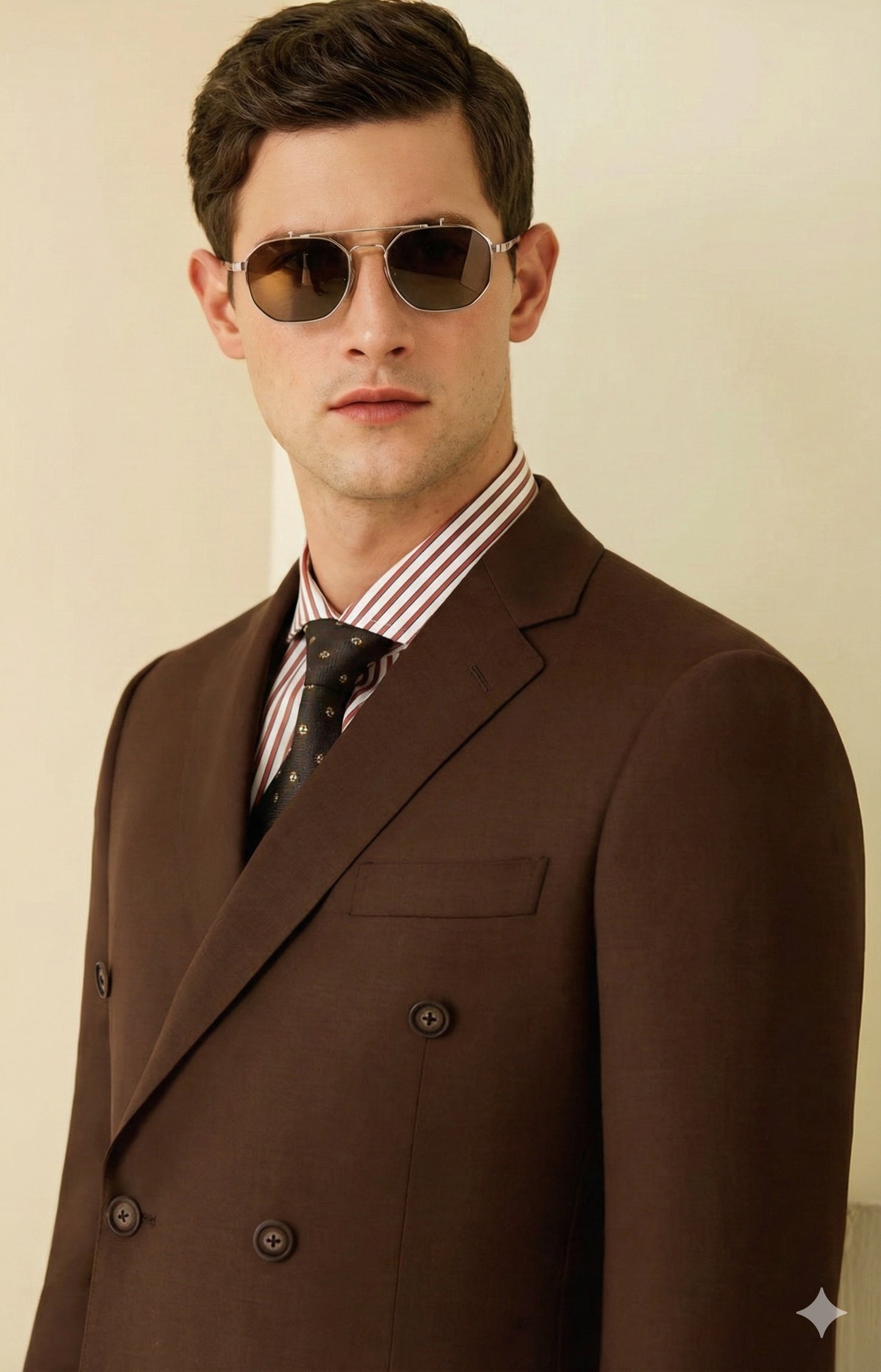 Man wearing a brown suit and sunglasses against a beige background
