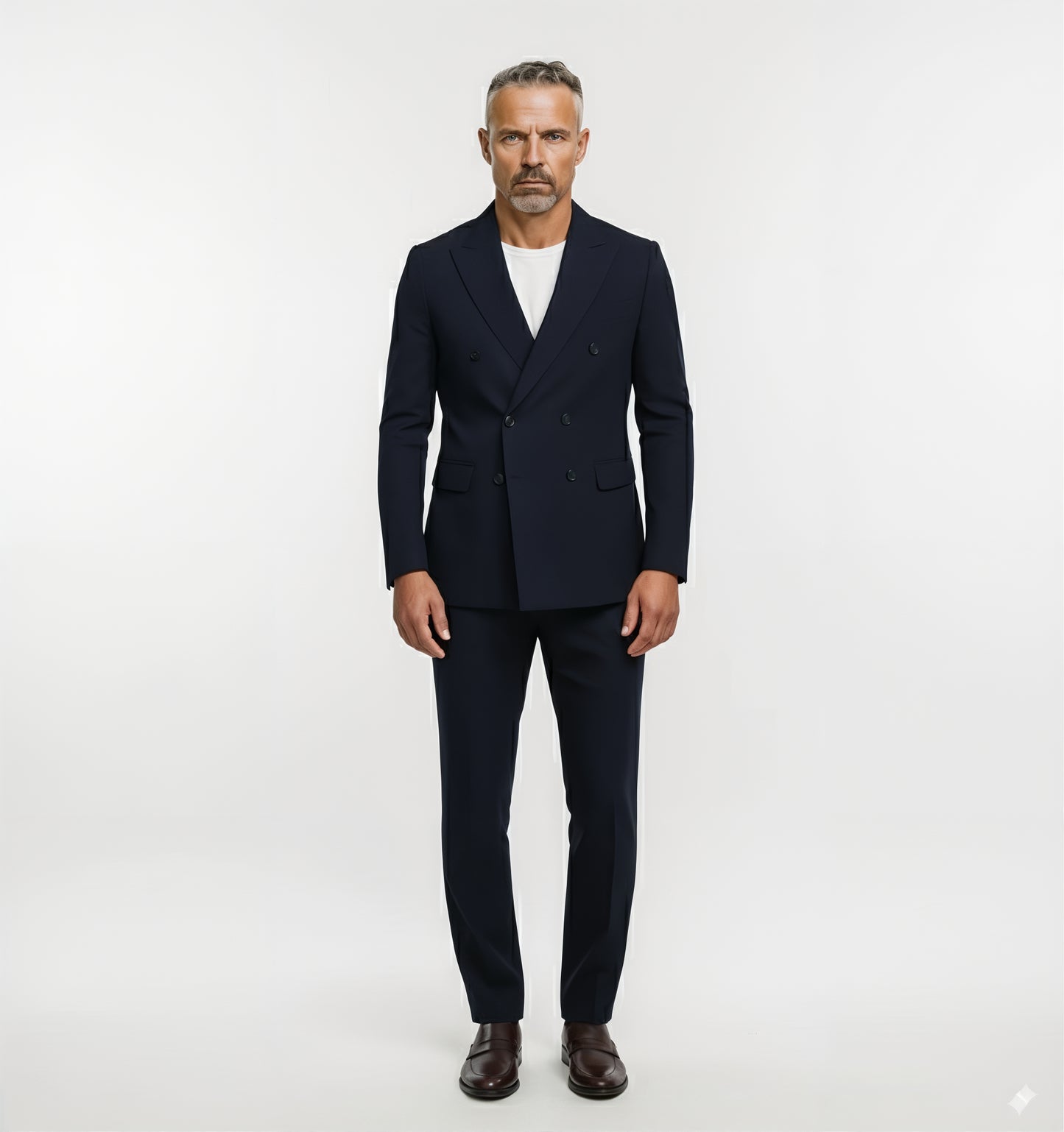 Man wearing a navy blue suit on a white background