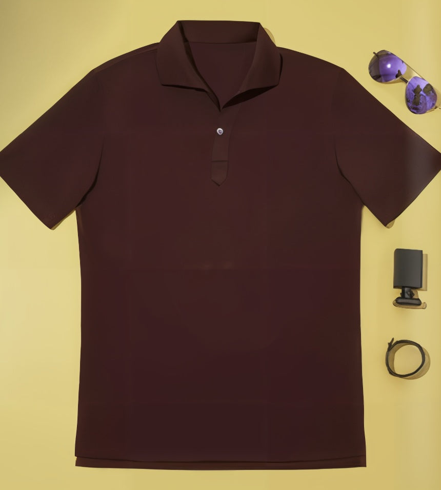 Maroon polo shirt with sunglasses and a belt on a yellow background
