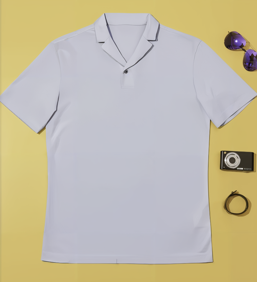 Light Blue polo shirt on a yellow background with a camera and sunglasses.