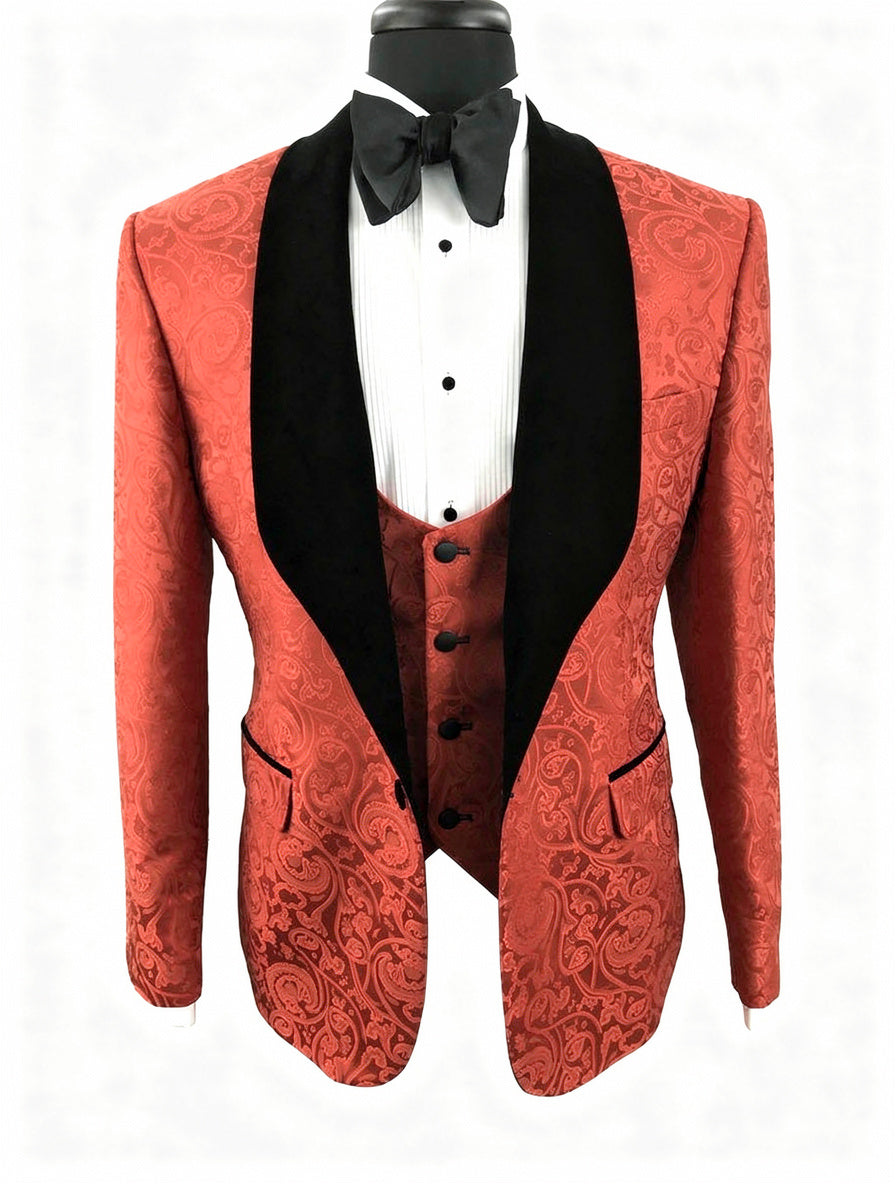 3pc Red Single Breasted Jacquard Tuxedo Jacket + Waistcoat and Black Formal Trousers