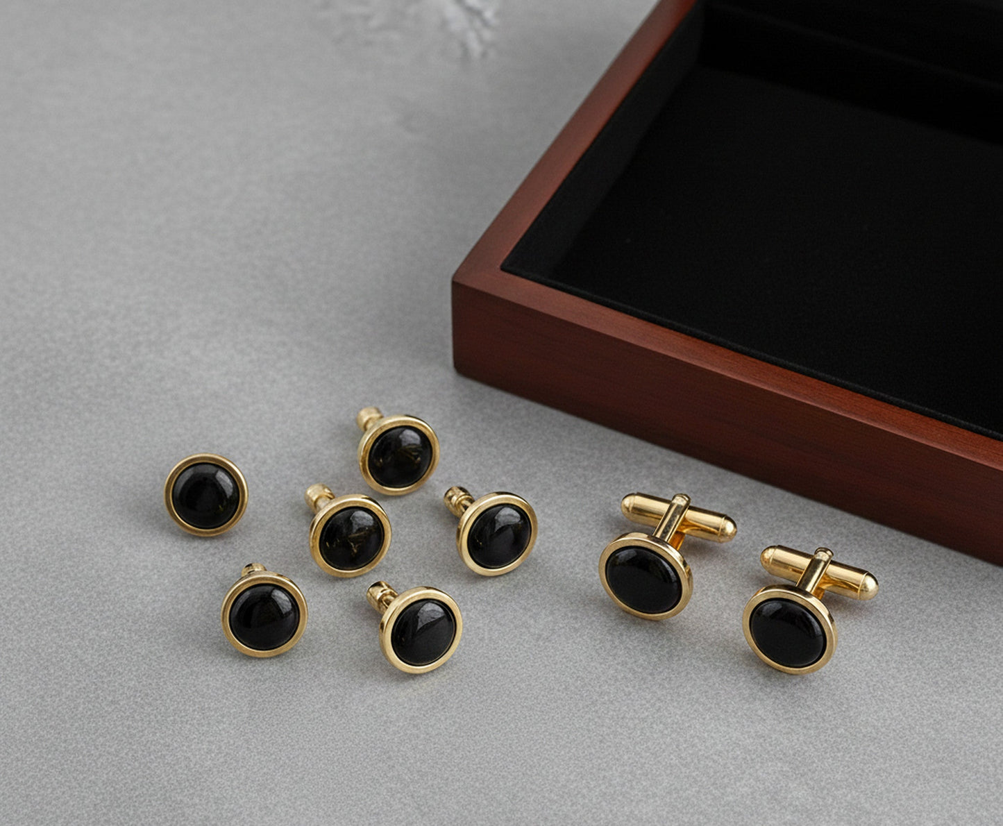 Mens Bespoke Gold and Black Dress Studs and Cufflink Set