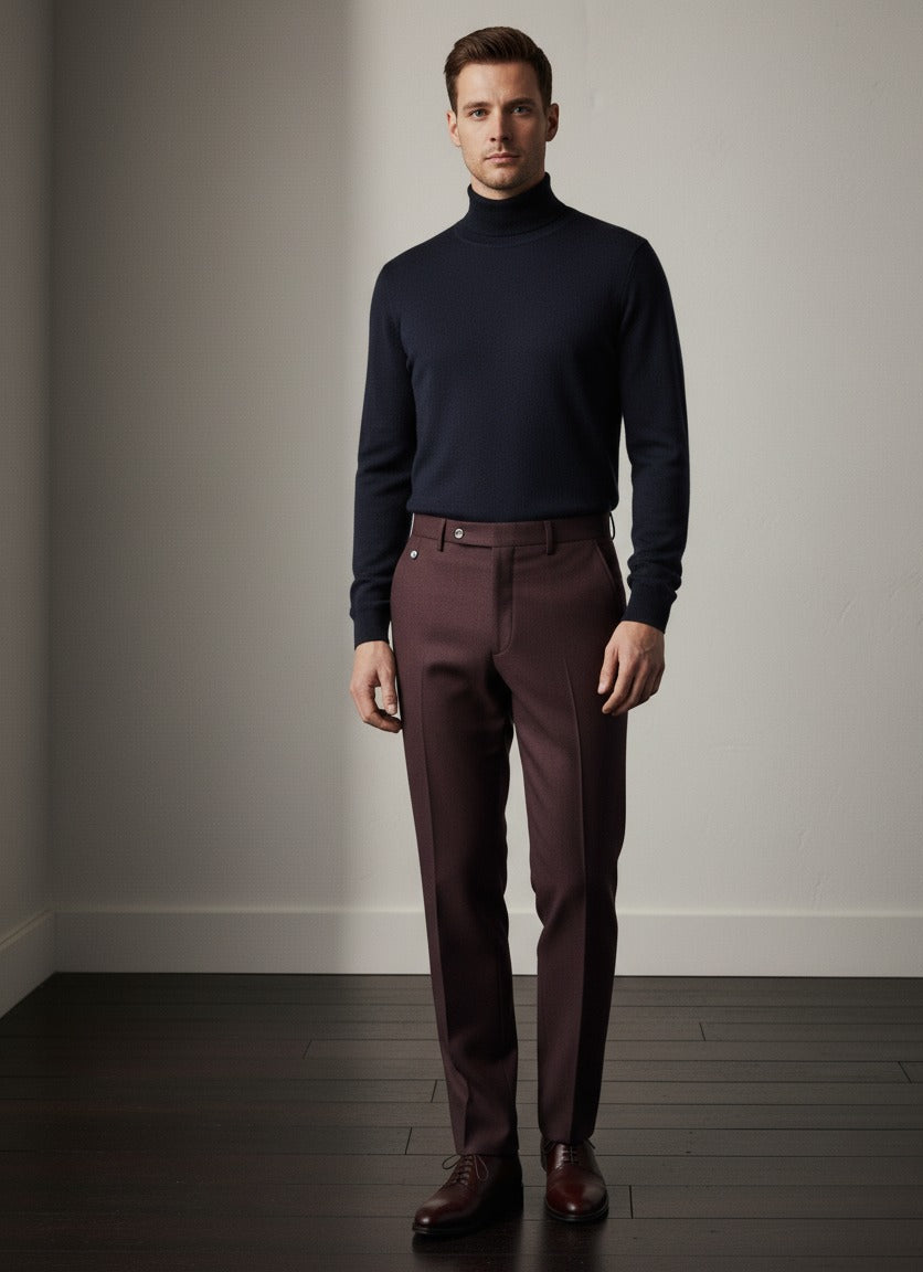 Man wearing a dark turtleneck sweater and maroon pants against a plain background