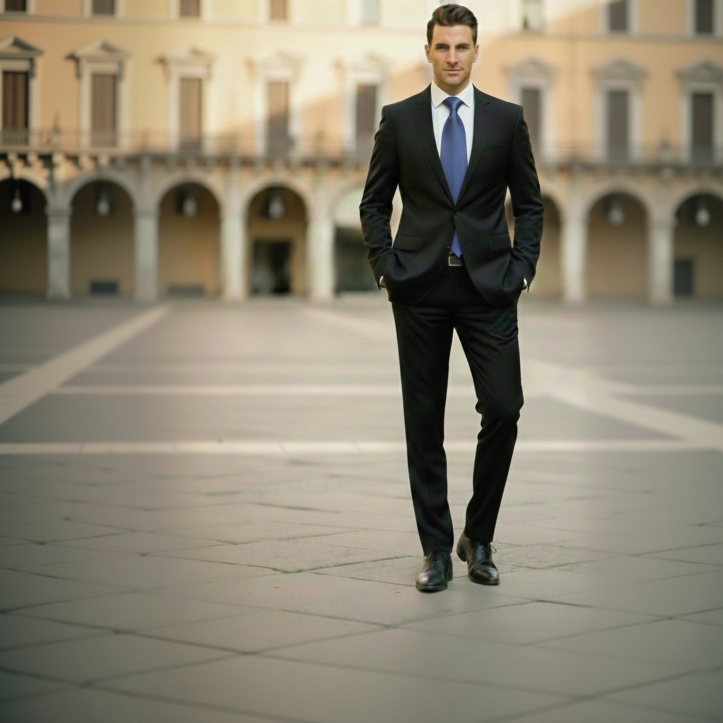 Man in a black suit with a blue tie standing in an open square with arches in the background