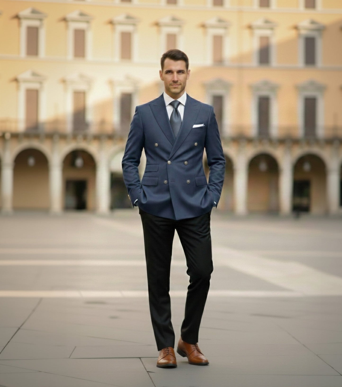 Man in a blue suit standing in front of a large building with arches.