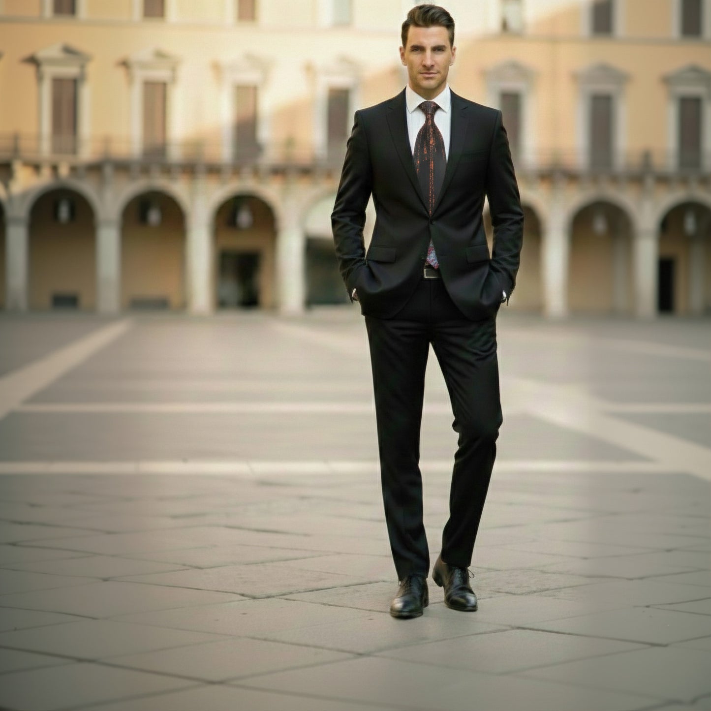Man in a black suit standing in an open square with arches in the background