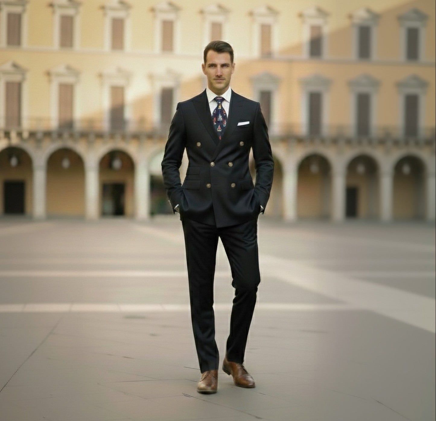 Man in a dark suit standing in front of an architectural building