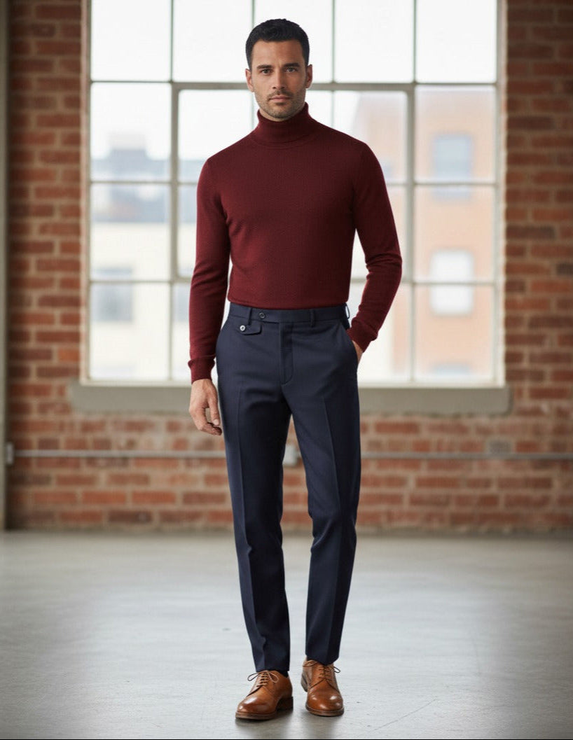 Man wearing a red turtleneck sweater and dark pants standing in front of a brick wall with large windows.