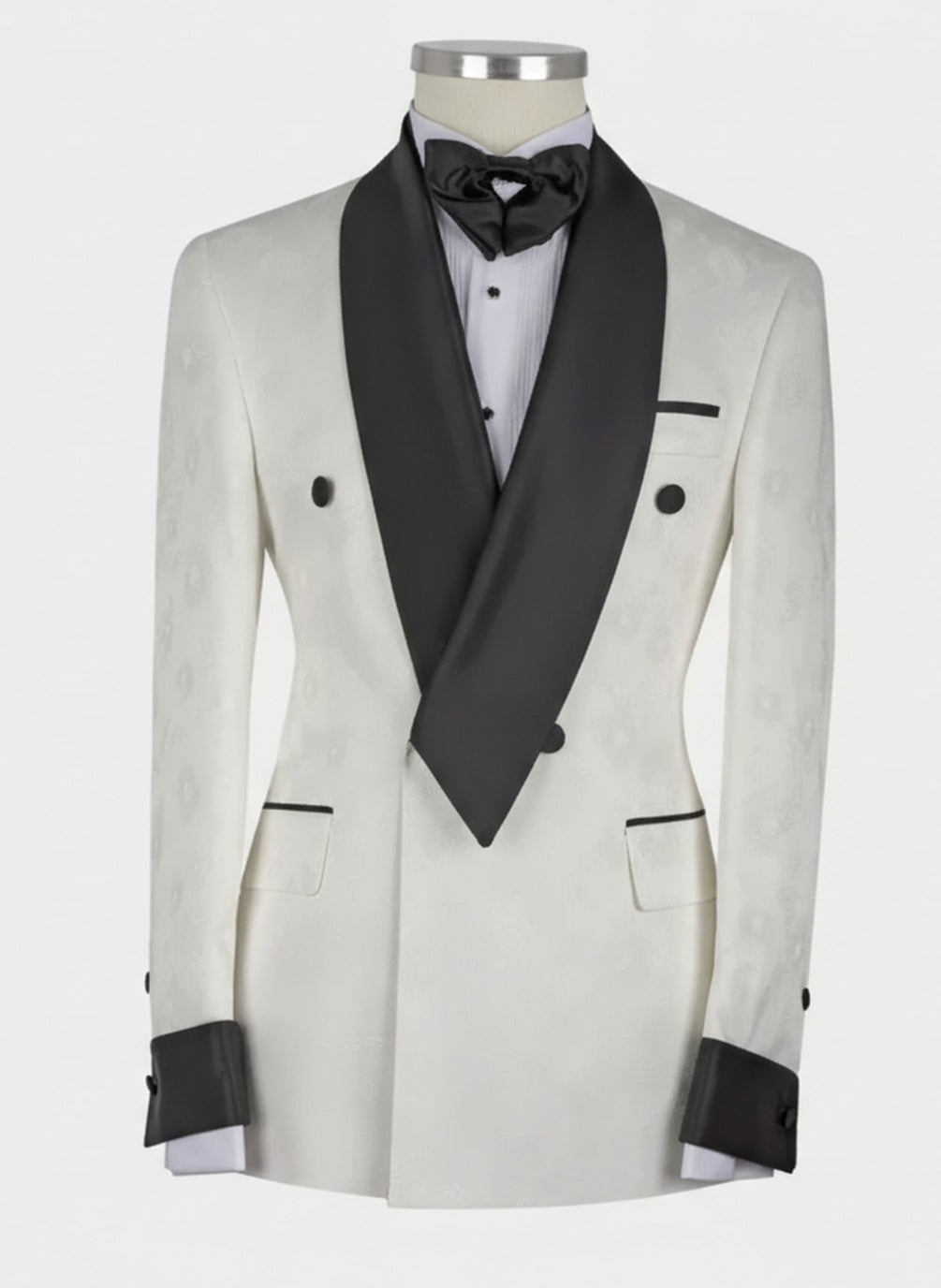 2pc White Jacquard Double Breasted Tuxedo Jacket and Black Formal Trousers / Italian Pure Wool