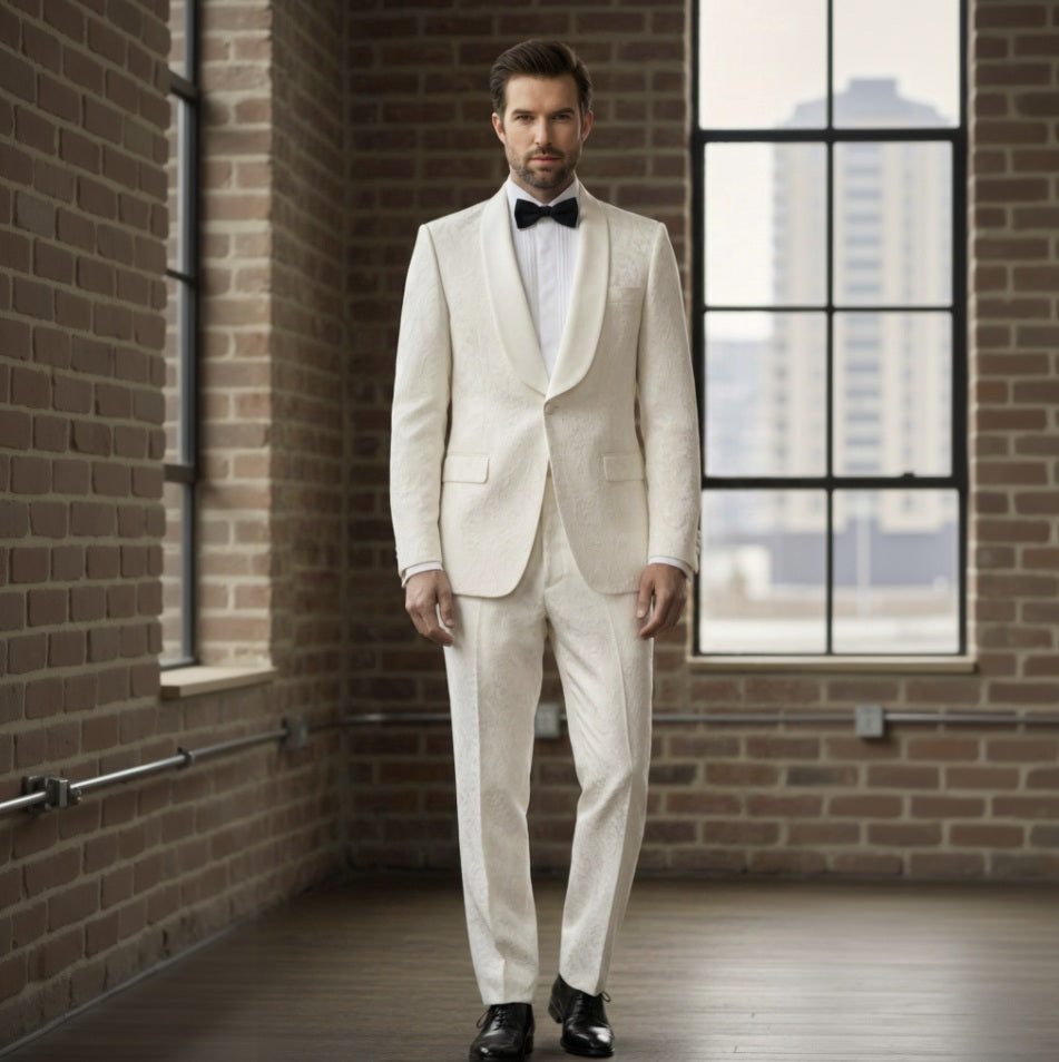 Mens White Jacquard Suit