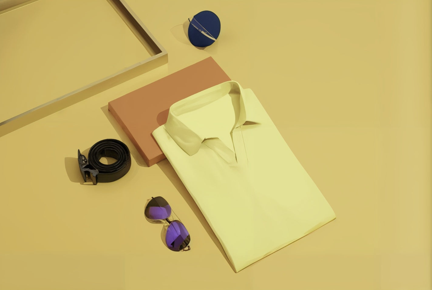 Yellow dress shirt with black belt and purple sunglasses on a beige background