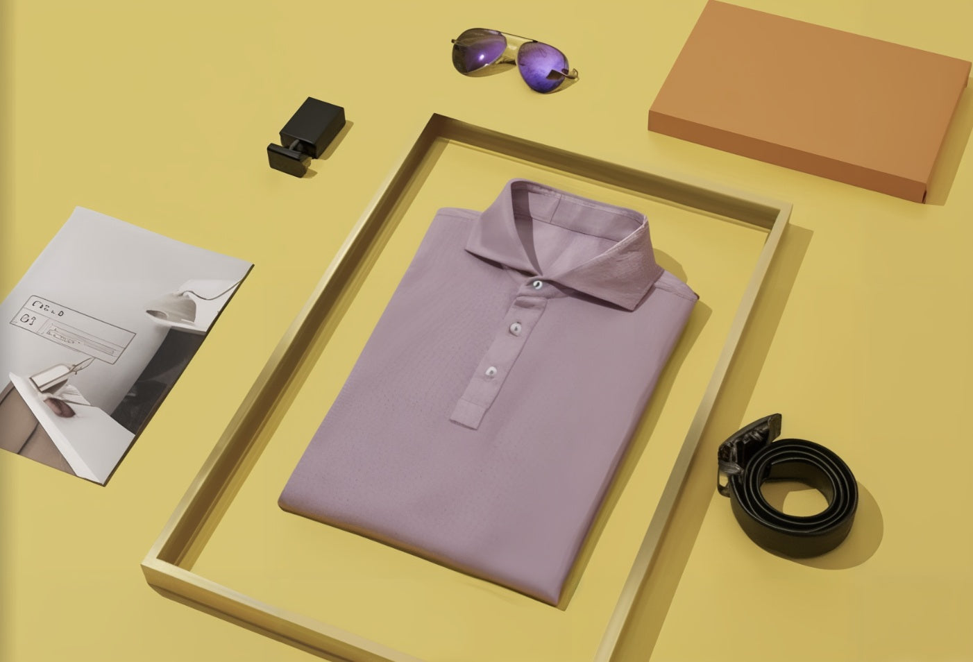 Folded Lavender shirt in a box with sunglasses, belt, and magazine on a yellow background