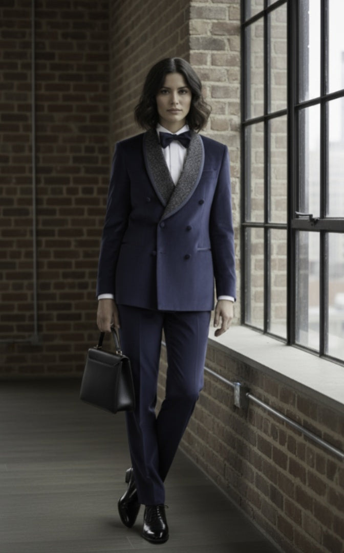Person wearing a formal blue suit with a bow tie, standing by a window with a brick wall background.