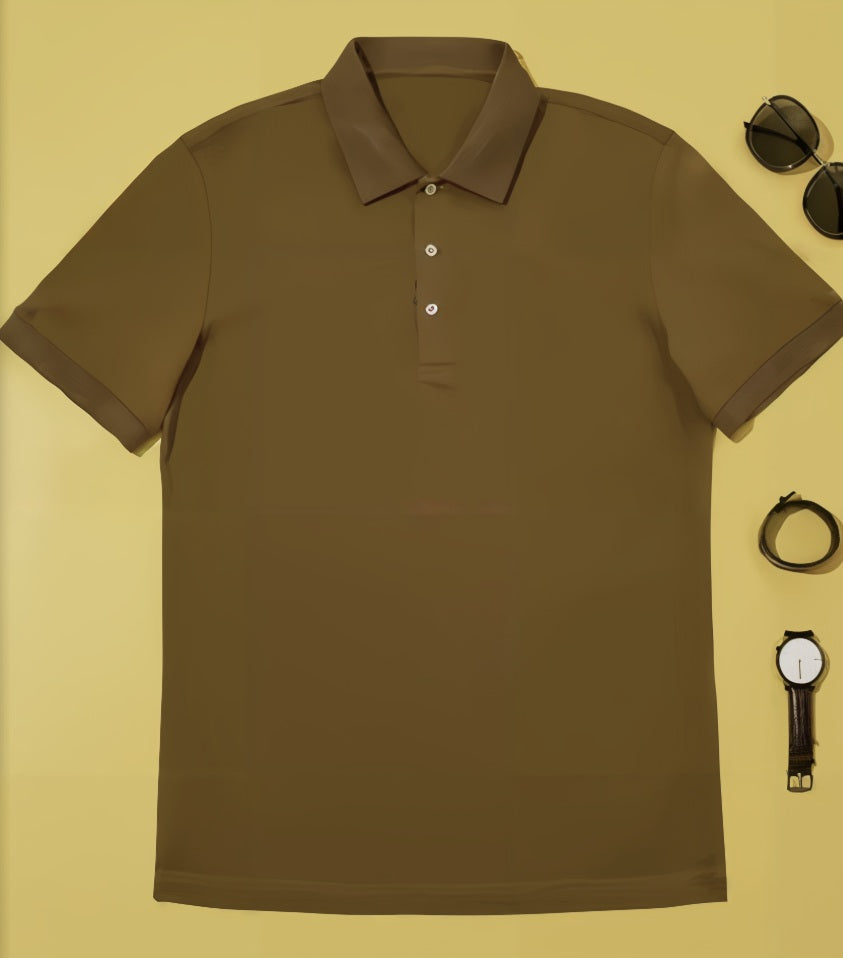 Brown polo shirt on a yellow background with sunglasses and a watch.