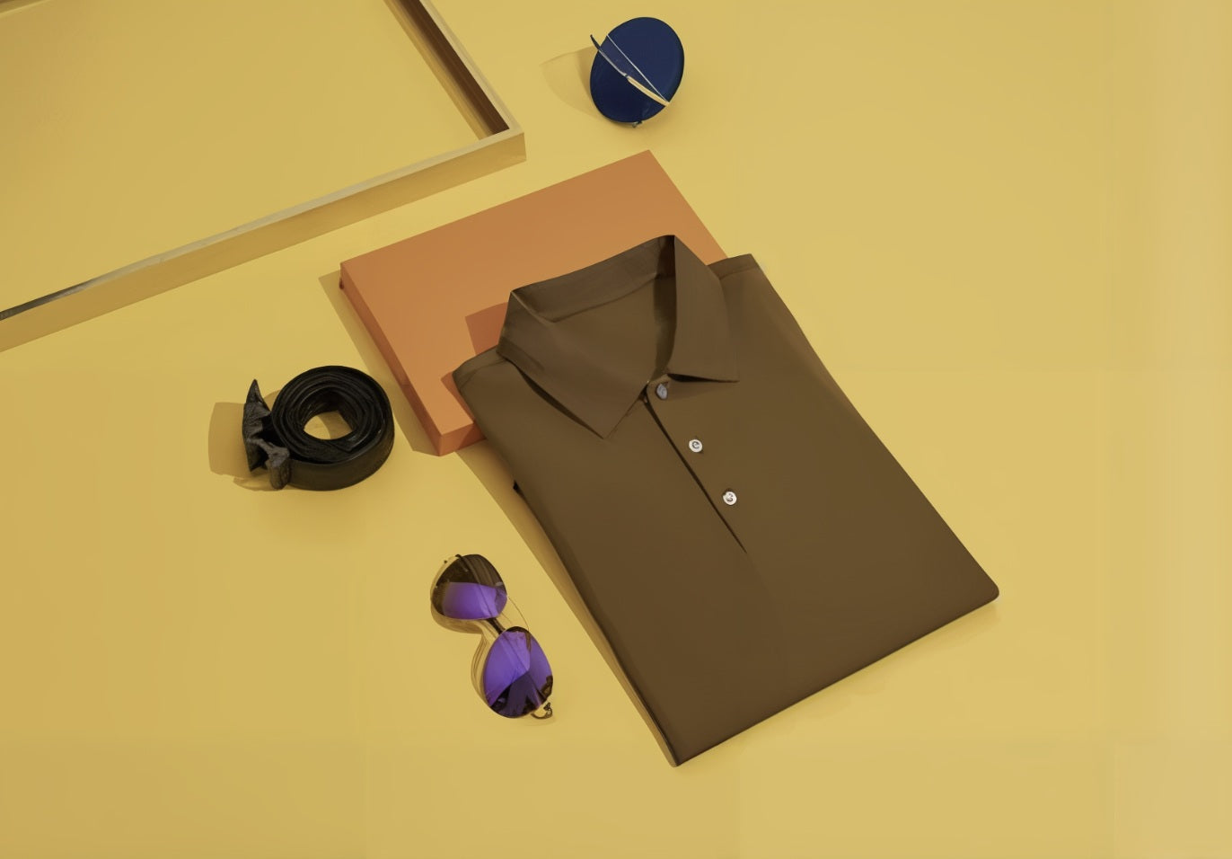 Brown shirt with black belt and purple sunglasses on a yellow background