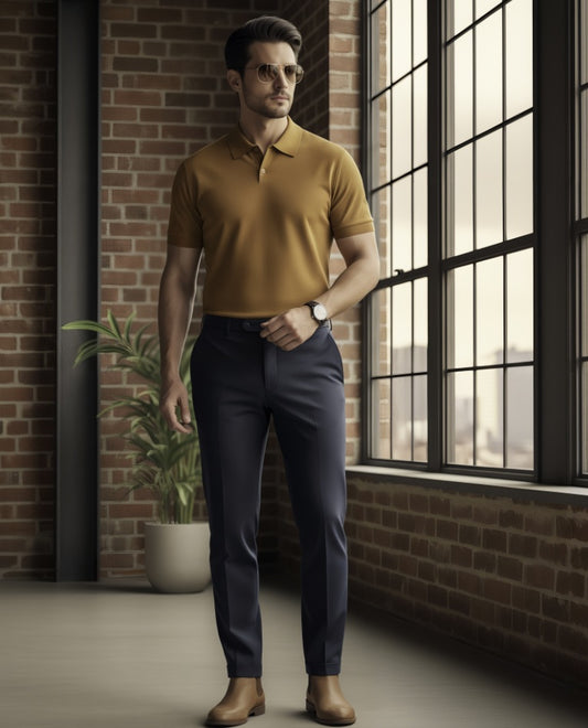 Man wearing a mustard yellow polo shirt and dark pants standing in a room with brick walls and large windows.