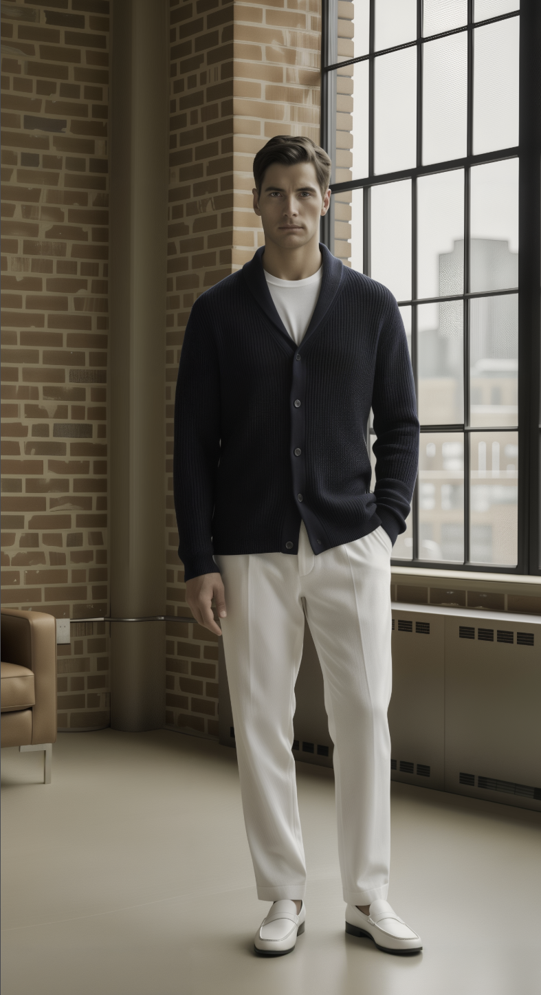 Man wearing a dark cardigan, white shirt, and white pants standing in a room with brick walls and large windows.