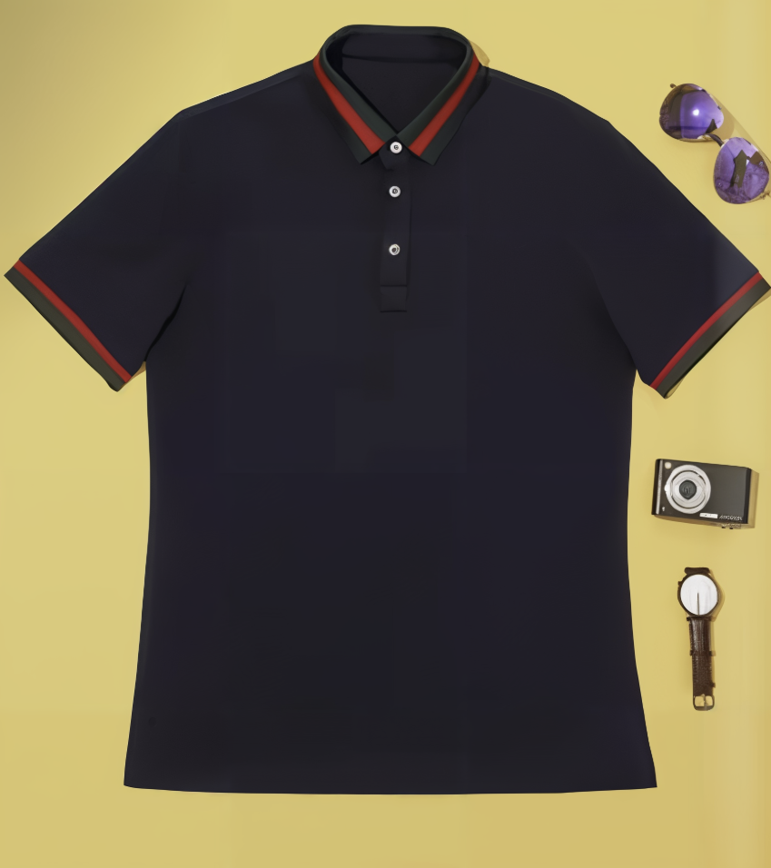 Navy blue polo shirt with red trim on a yellow background