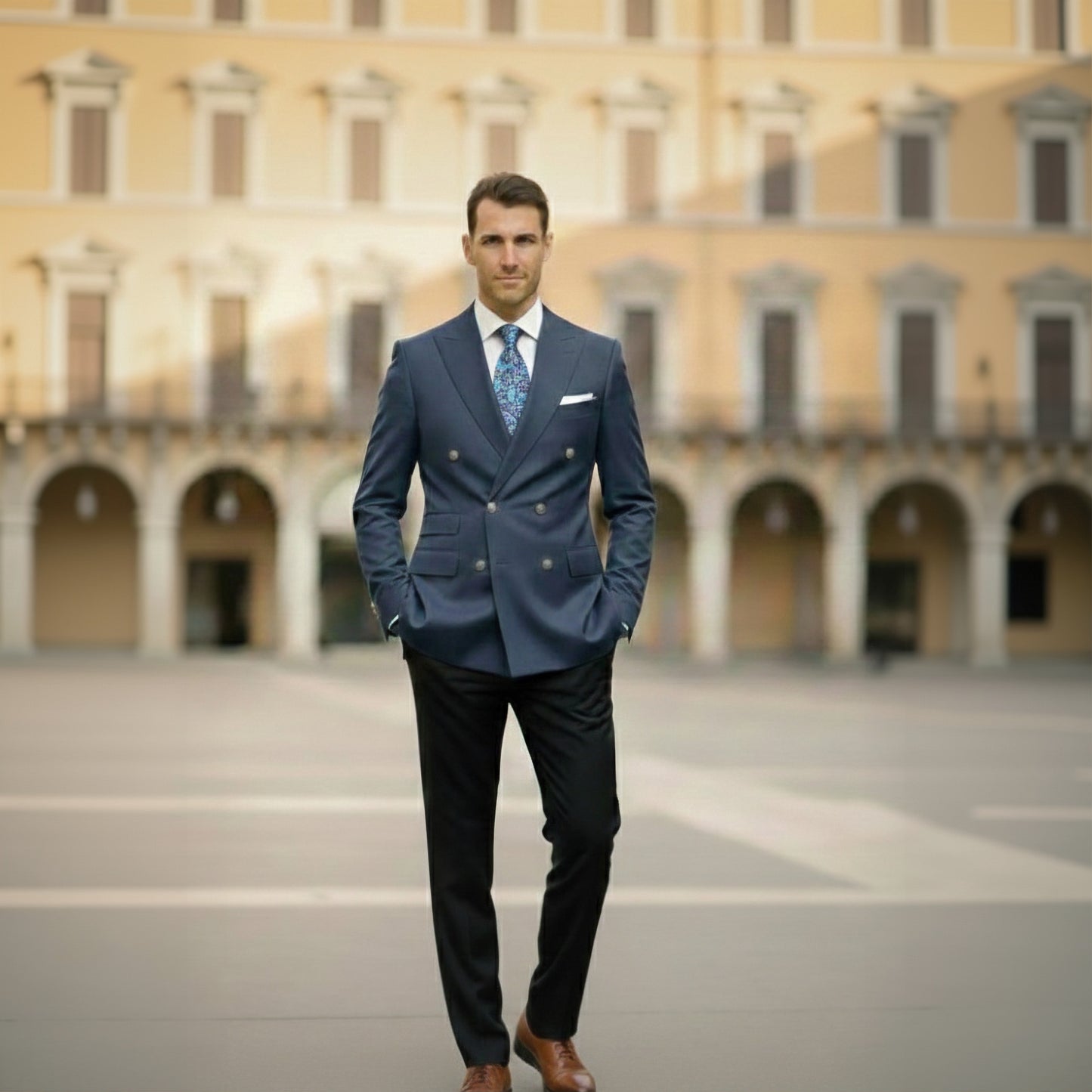 Man in a blue suit standing in front of a building with arches