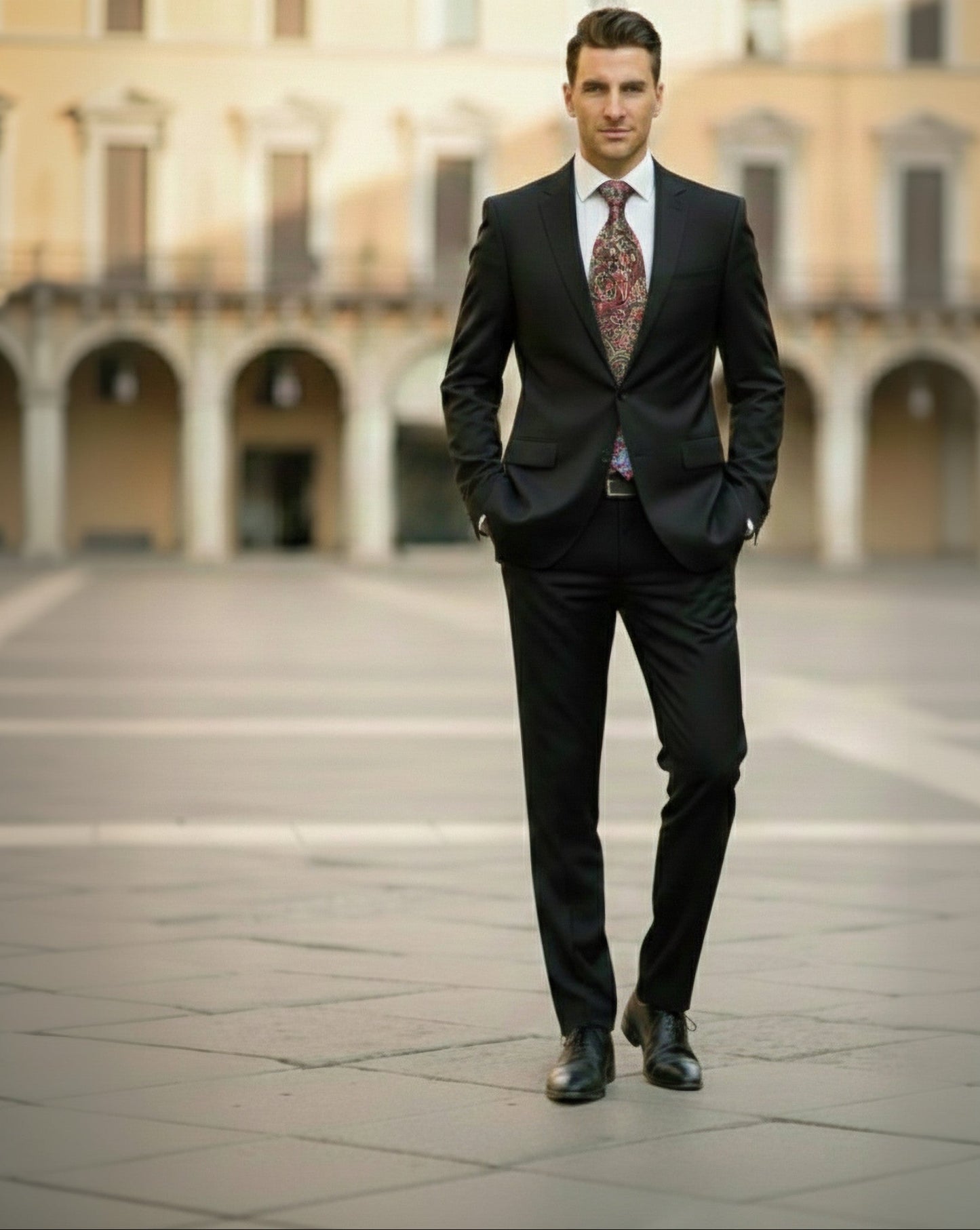 Man in a black suit standing in an open square with arches in the background