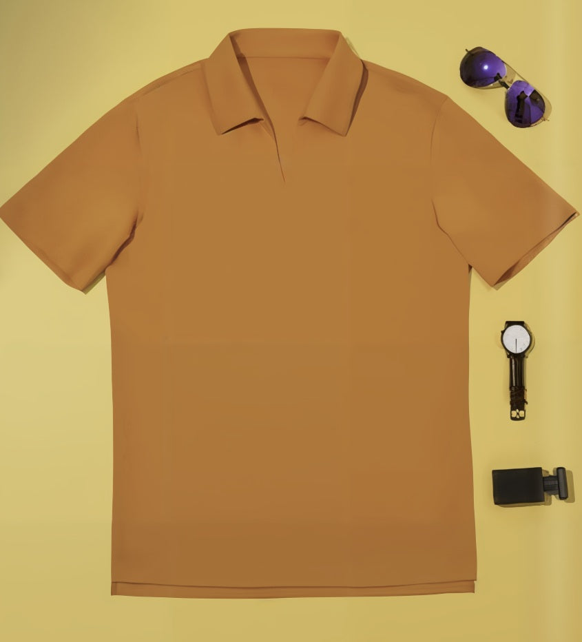 Orange polo shirt with sunglasses and a watch on a yellow background
