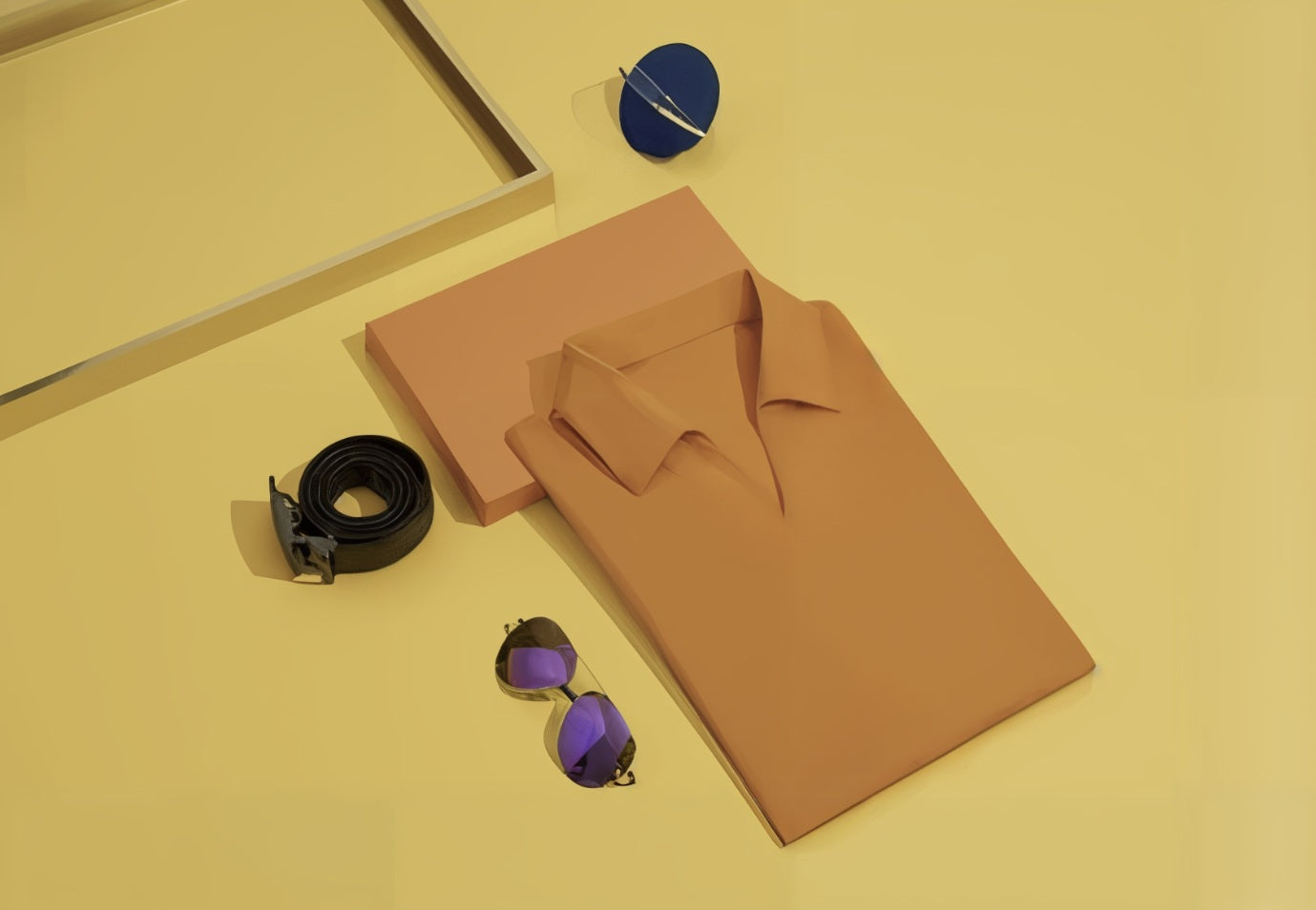 Orange shirt, black belt, purple sunglasses on a yellow background