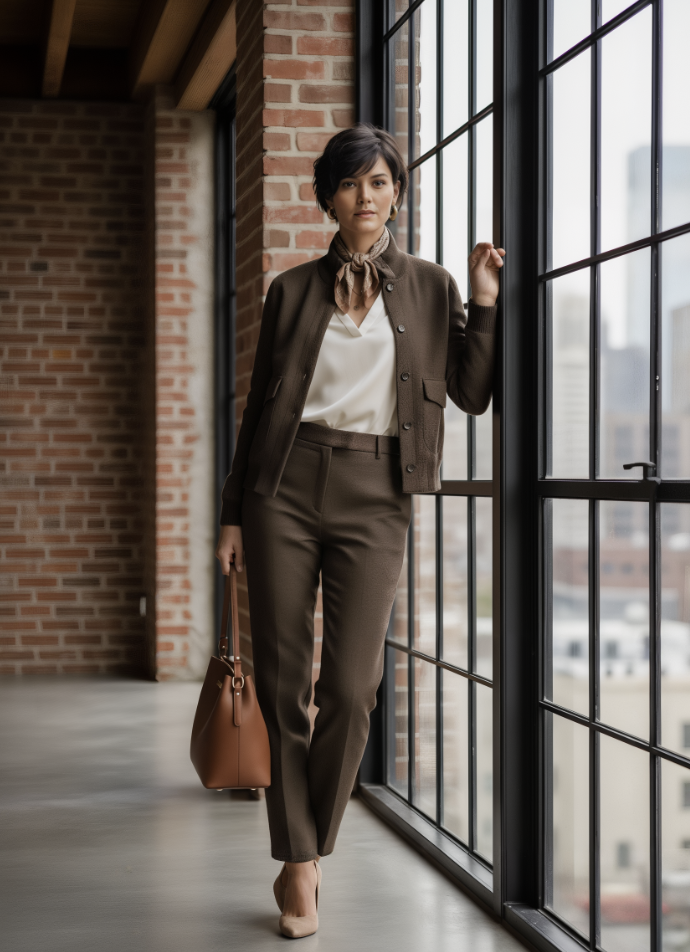 Woman in a brown outfit standing by a large window with a brick wall background