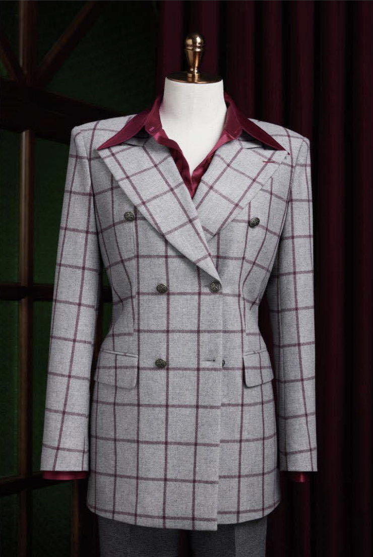 Grey-Wine Women's Double Breasted Check Wool Jacket / Style No DBV084A