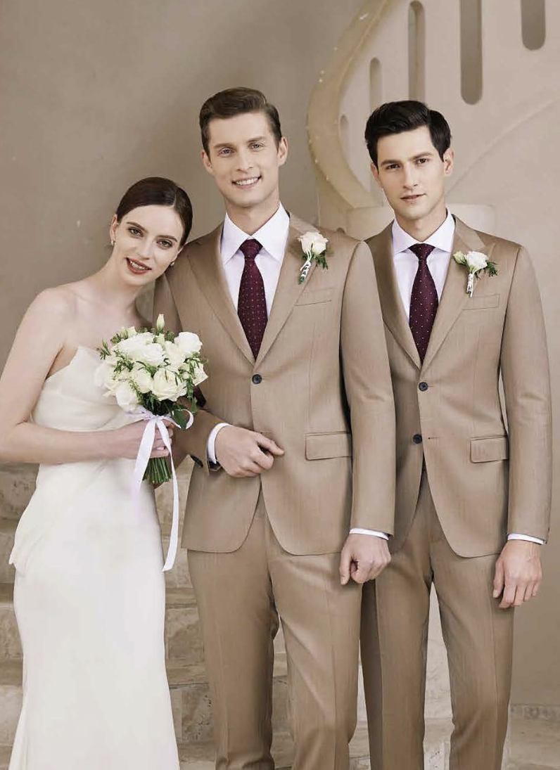 Tan Herringbone Single Breasted Two Piece Suit Italian Merino Wool / Style No A52024075
