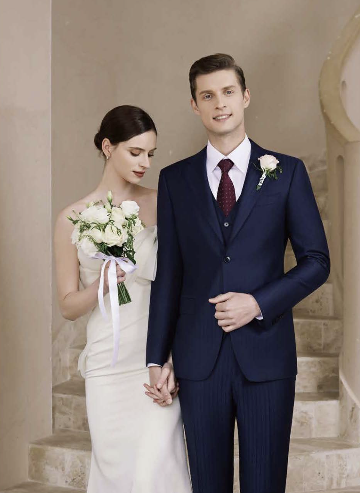 Navy Satin Stripe Single Breasted Three Piece Suit Italian Merino Wool / Style No C52024090