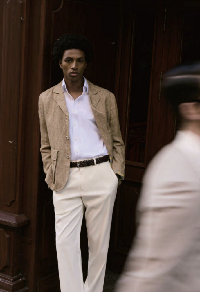 Italian Olive Linen Single Breasted Three Button Style Plus White Wool Trousers