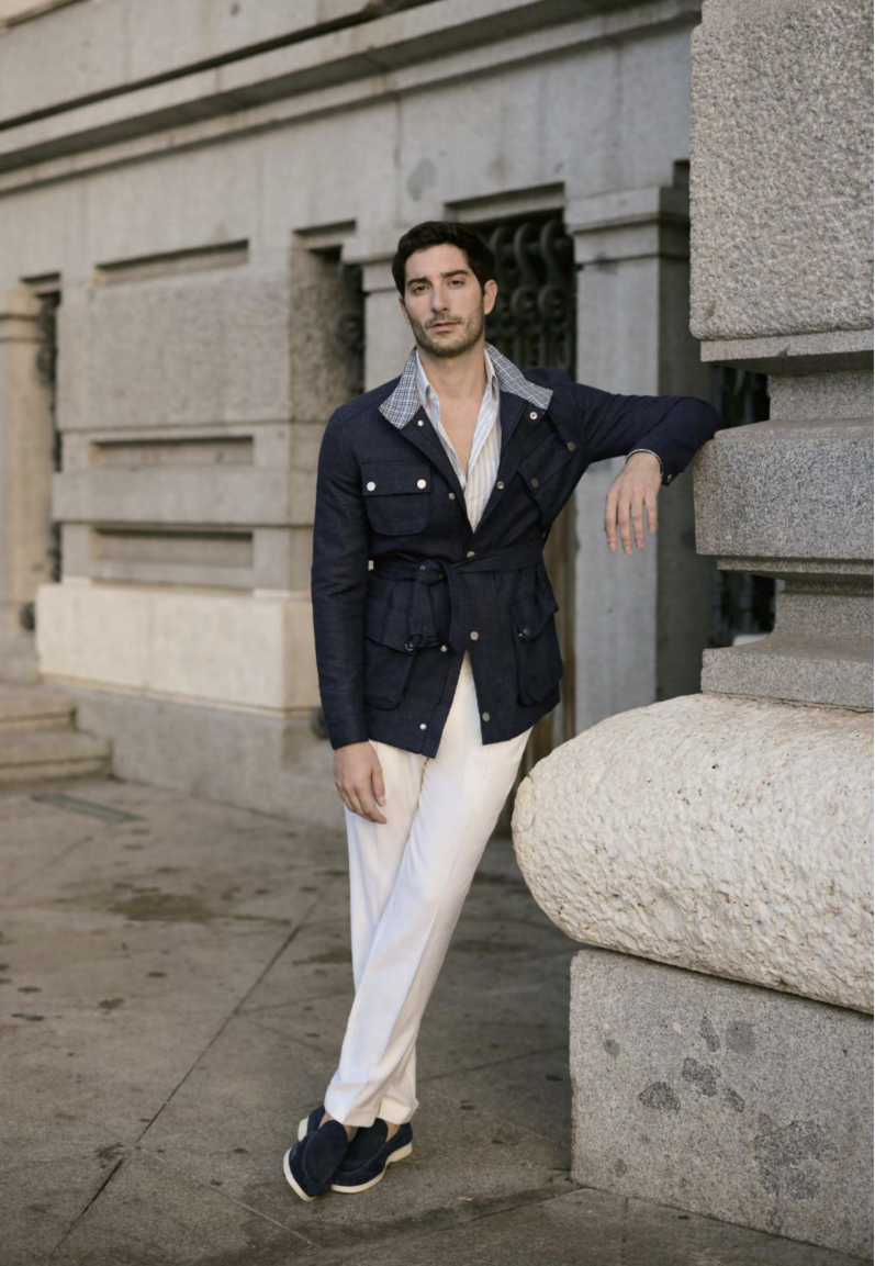 Italian Navy Wool/ Linen Silk Safari Jacket Plus White Chino