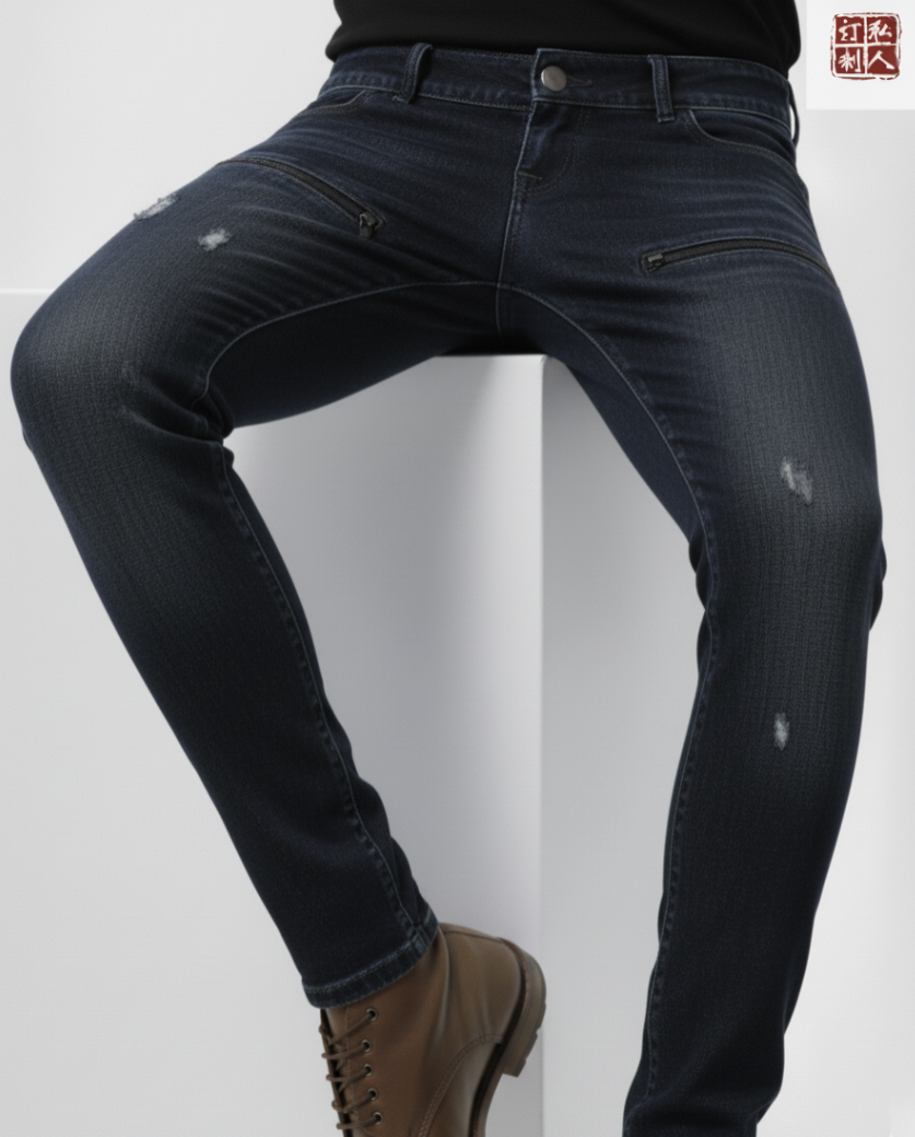 Special Edition Japanese Selvedge Fitted Denim Biker Ripped Jeans Navy