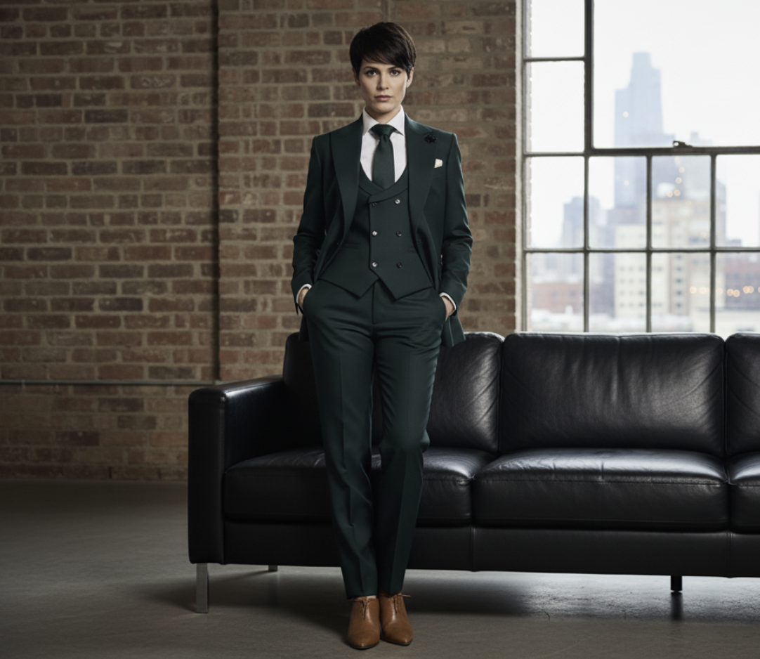 Women's Italian Pure Wool Green Three Piece Suit