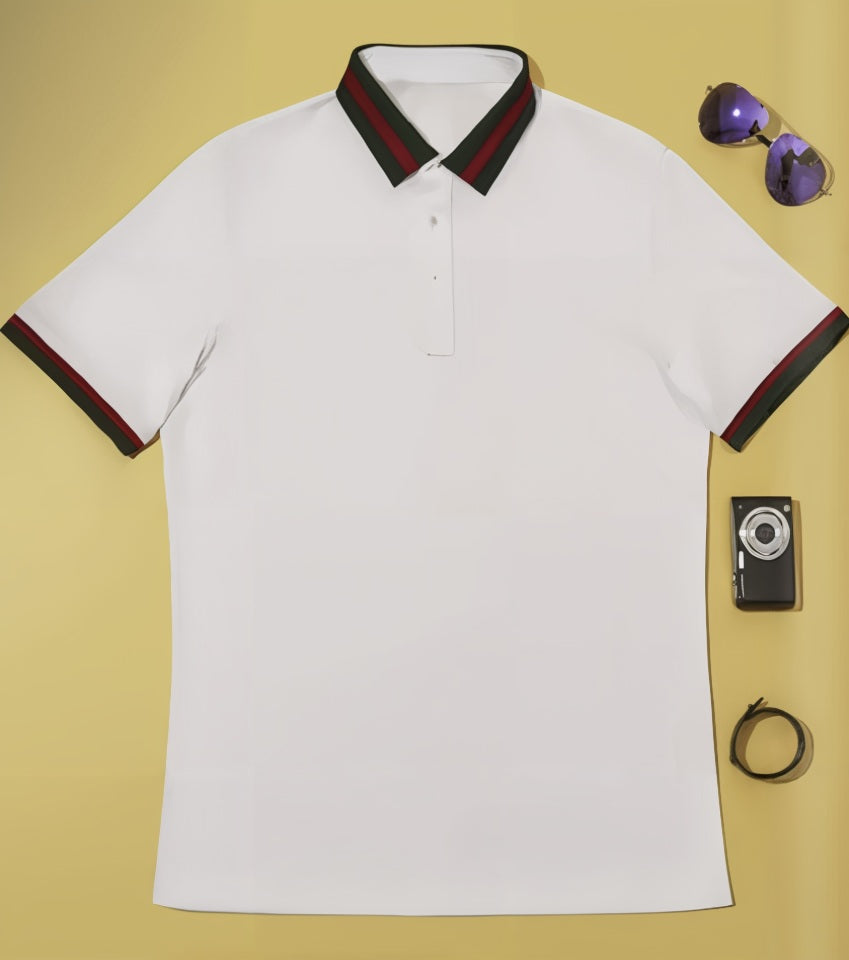 White and Green/Red Stripe Detail / Bespoke Cotton Short Sleeved Polo Shirt/ 100% Cotton