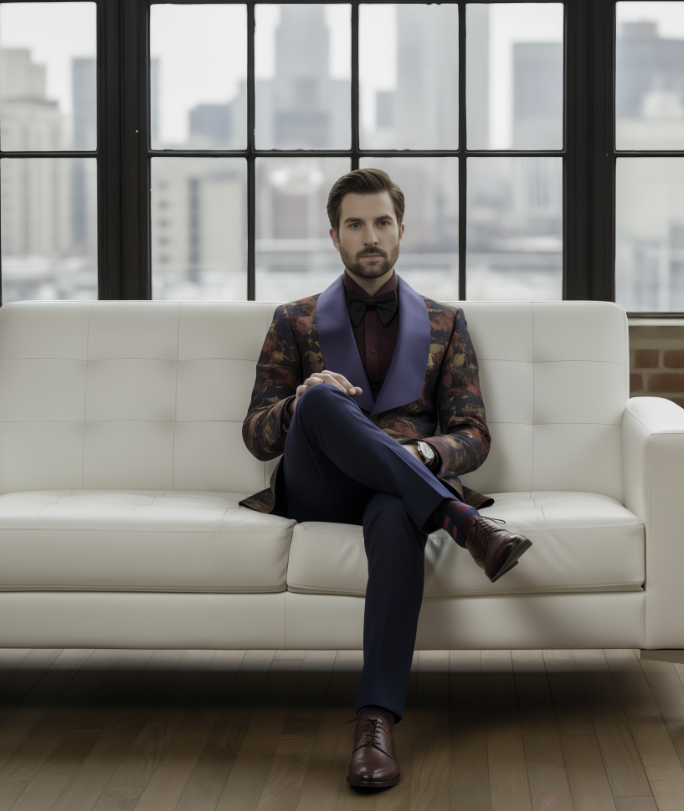 Tuxedo Navy and Red and Gold Patterned Brocade Jacket / Style Number J39204/220